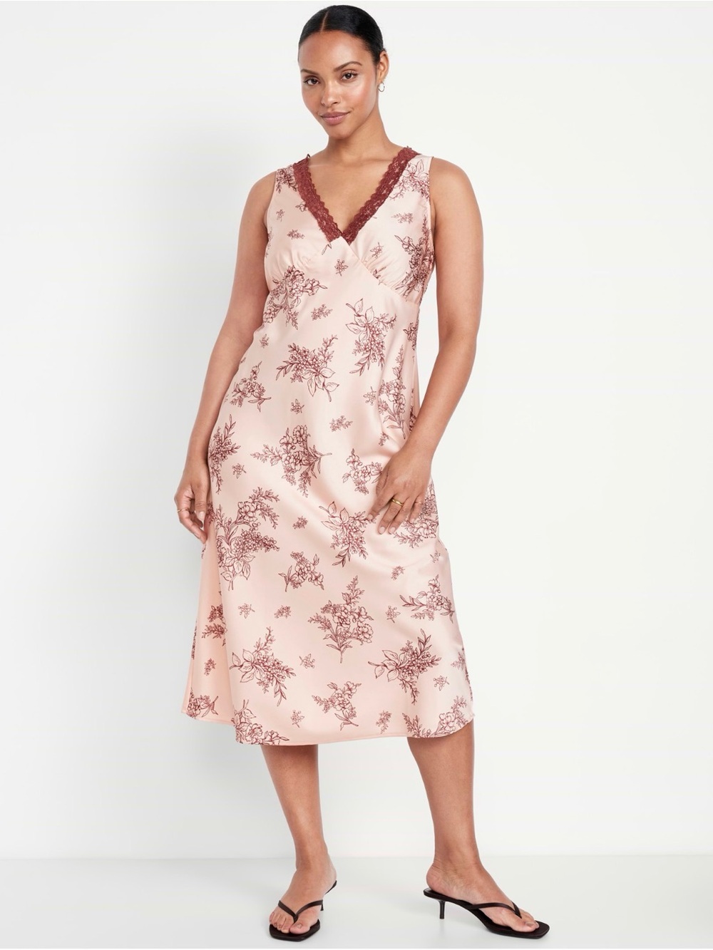 Old Navy Blush Satin Floral Slip Dress with Wine Lace Trim